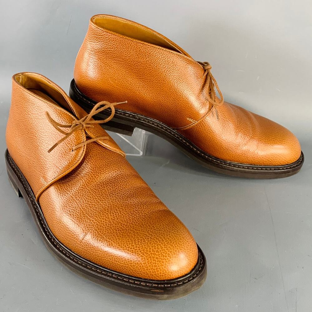 JOHN LOBB Size 8.5 Grove Brown Pebble Grain Leather Lace-Up Chukka Boots